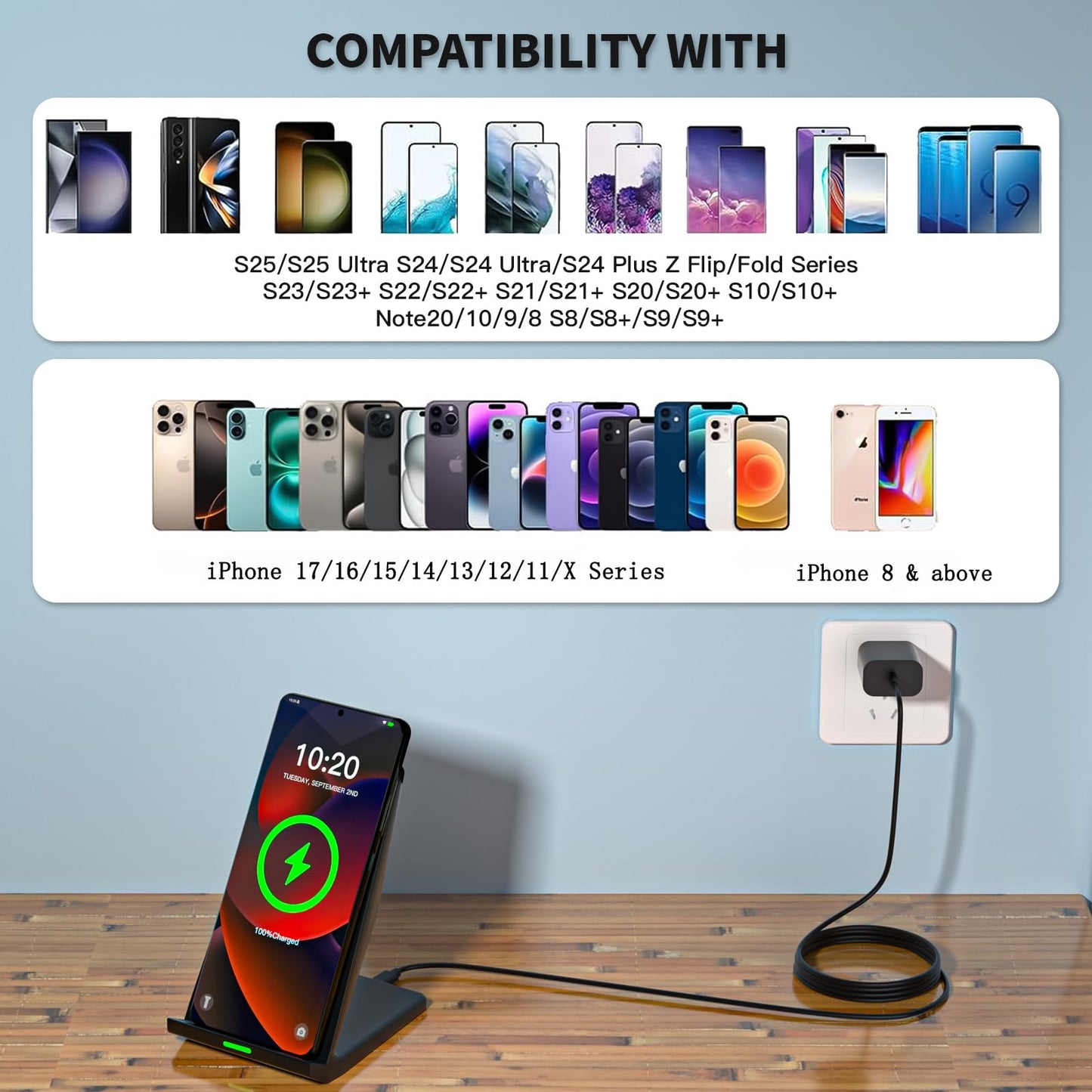 Wireless Charger Station,15W Desk Wireless Charging Stand 20W USB C Adapter for Apple iPhone 17 Pro/17/17/Air/16 Pro/16E/16 Plus/15/14/13,Samsung