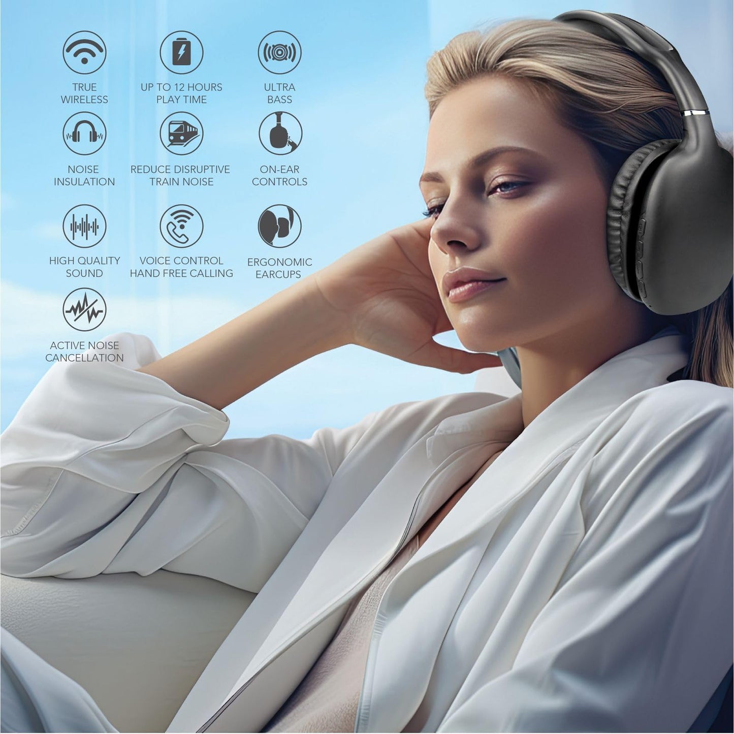 RCA Wireless Bluetooth Headphones, Over Ear Noise Cancelling Headphones, Deep Bass, 12H Playtime, Bluetooth 5.4, Memory Foam Cushions, Built-in Mic…
