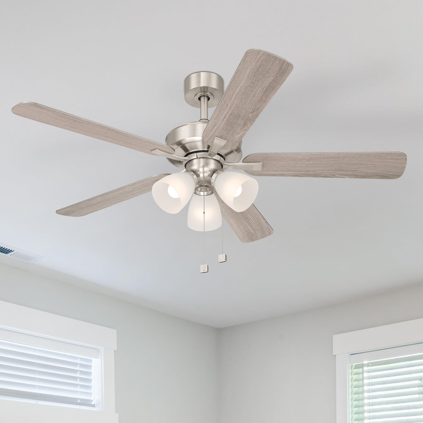 DESIGNERS FOUNTAIN Stellant II Ceiling Fan with Lights, 52 inch LED 3000K Indoor Outdoor 5-Blades Fan, Pull Chain, Brushed Nickel, FP-STL52B30A-BN