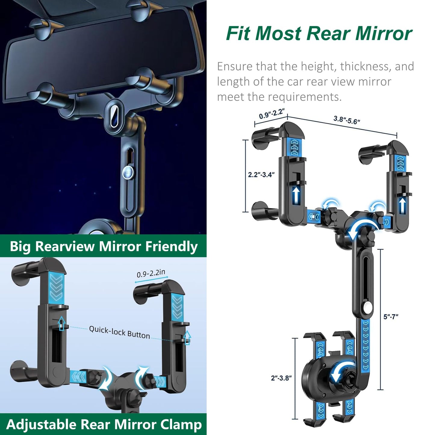 PKYAA Rearview Mirror Phone Holder for Car, 360° Rotating Rear View Mount with Adjustable Arm Length, Upgraded Four Corners Fixed Anti-Shake