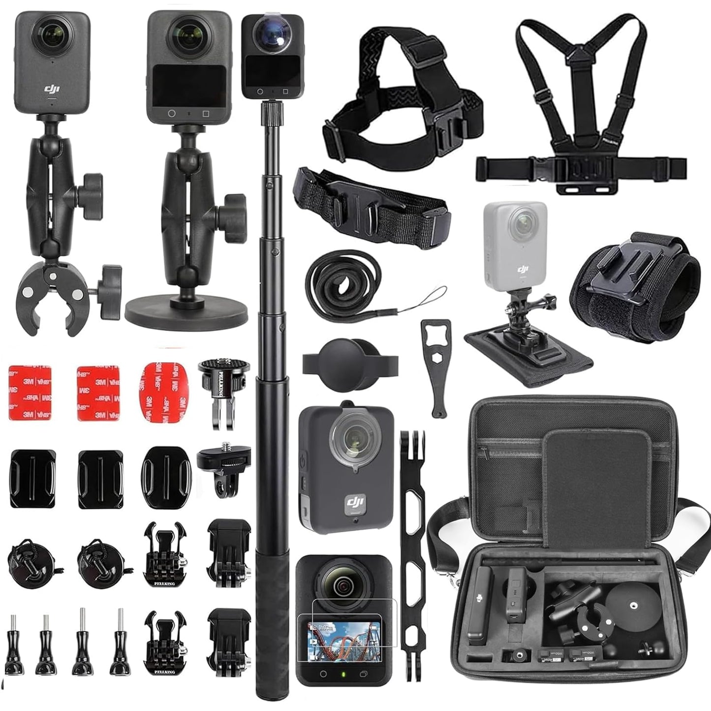 PellKing Accessories Kit for DJI Osmo 360,Included Carrying Case with Belt,2 Pcs Metal 1/4" Adapter,Handlebar Clamp,Magnetic Mount,43in Selfie