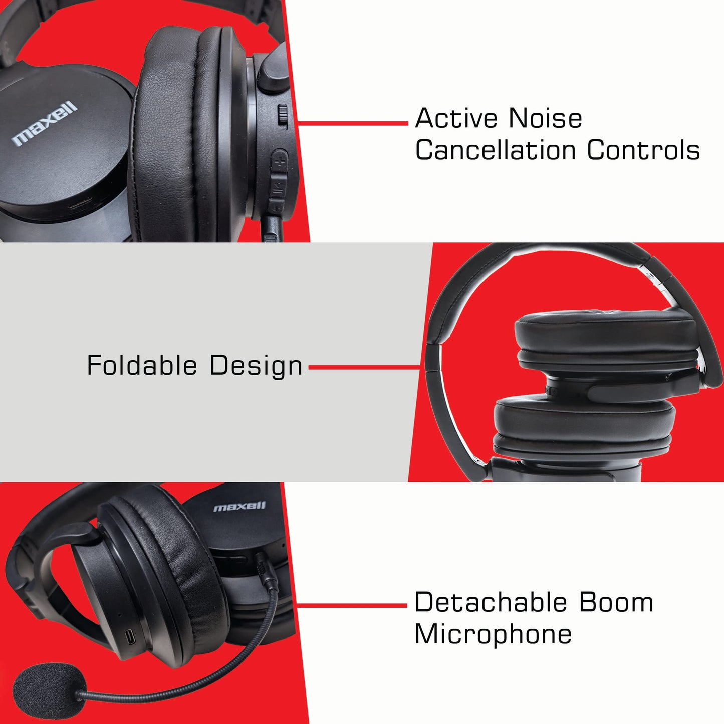 Maxell Active Noise Cancellation Headphone Detachable Boom Mic & Built-in Mic - Immersive Sound with Bluetooth ANC Headphones, 20dB Noise Reduction…