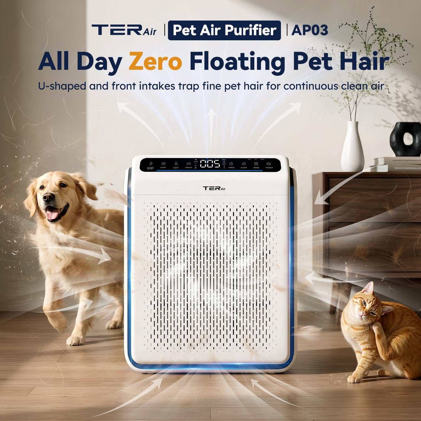 Pet Air Purifier for Home Large Room with Washable Screen Filter, AP03