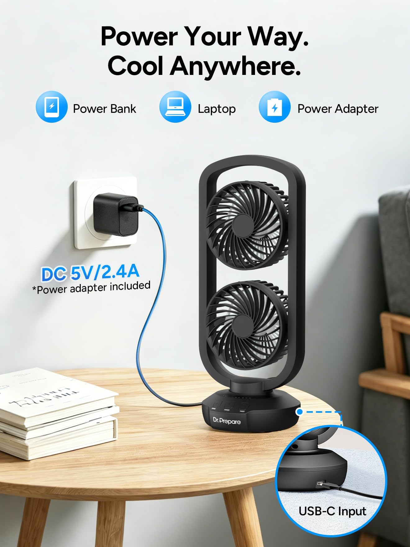 DR.PREPARE Dual Oscillating Tower Fan with 270° Tilt, 105° Oscillating, 3 Speeds and 3 Auto-Off Timer, Portable USB Powered Desk Fan for Bedroom