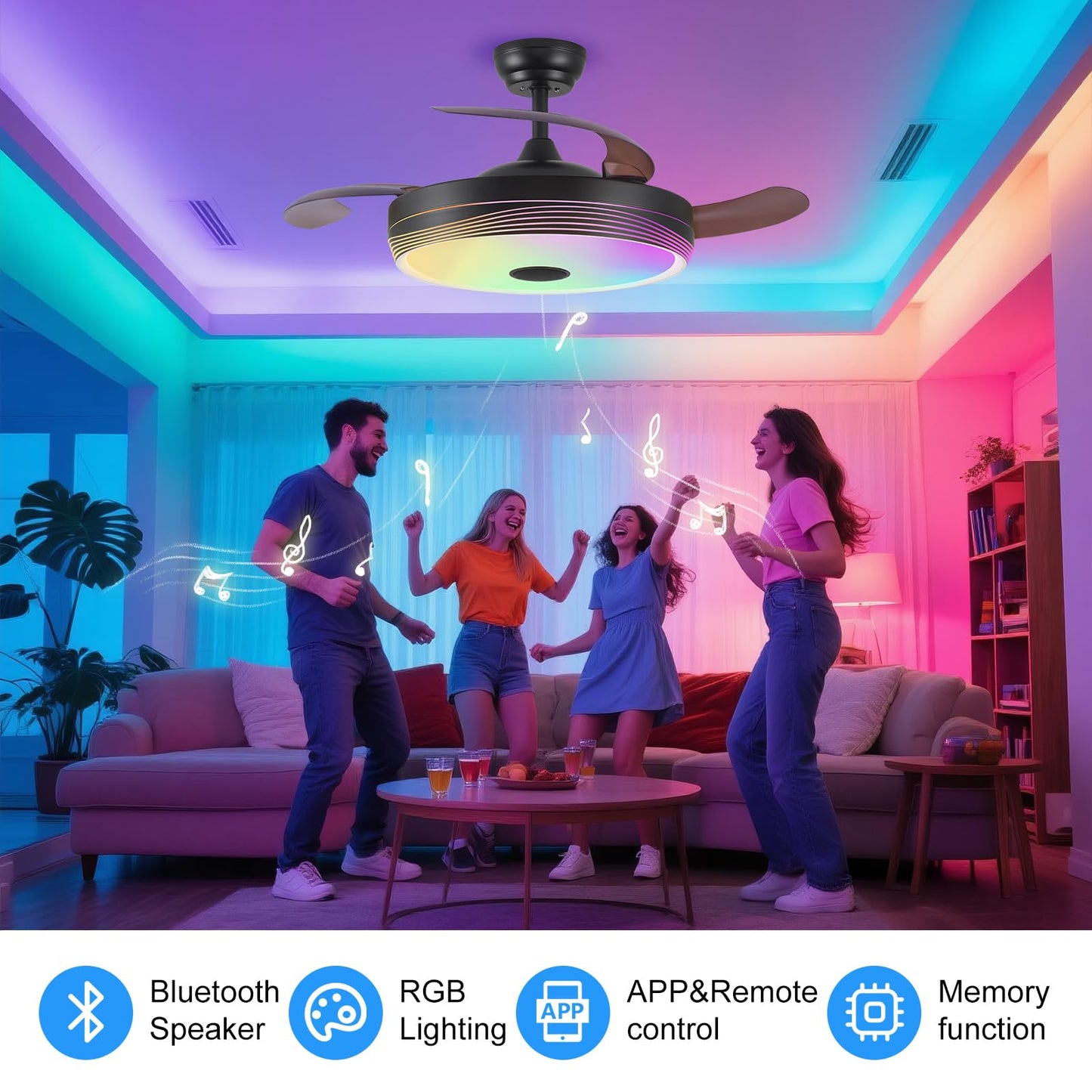 SILVER SWAN 48'' Retractable Ceiling Fan with Light and APP/Remote Control, Fandelier Modern Smart Ceiling Fan with Bluetooth Speaker, RGB Color, 6