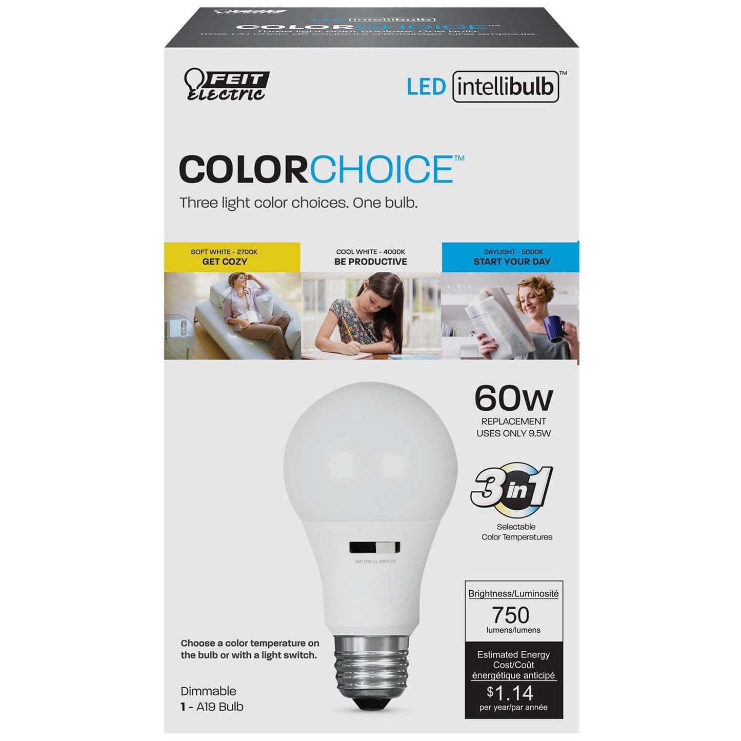 Feit Electric LED Three-Color Choice Intellibulb - A19 with an E26 Medium Base Light Bulb - 60W Equivalent - 15 Year Life - 750 Lumen - 2700K Soft