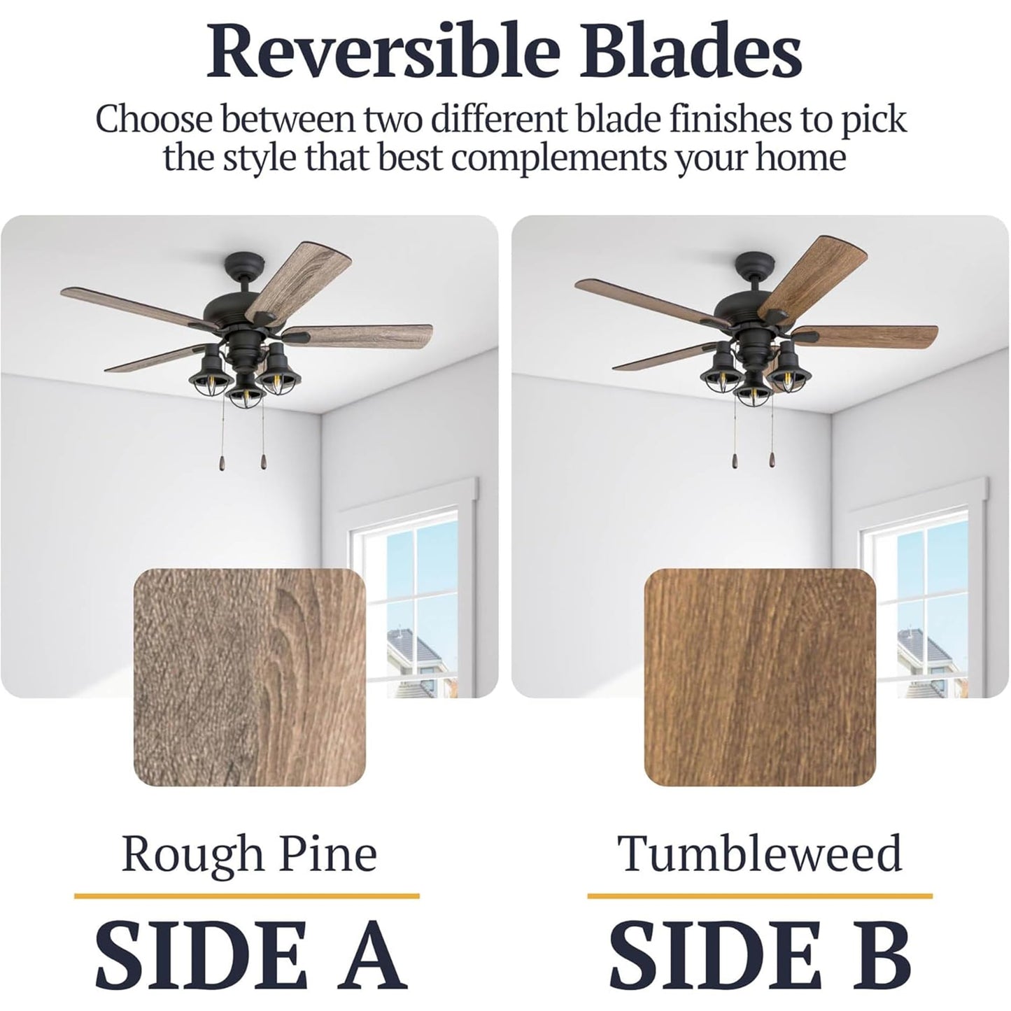 Prominence Home Piercy Farmhouse LED Ceiling Fan with Light, Pull Chain, 3 Mounting Options, 5 Dual Finish Blades and Reversible Motor, 42"