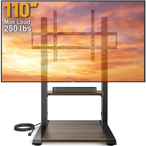 Perlegear Floor TV Stand for 50-110? TVs with Power Strip, Holds Up to 250 lbs, Universal Standing TV Mount with Adjustable Shelf & Feet, Max VESA