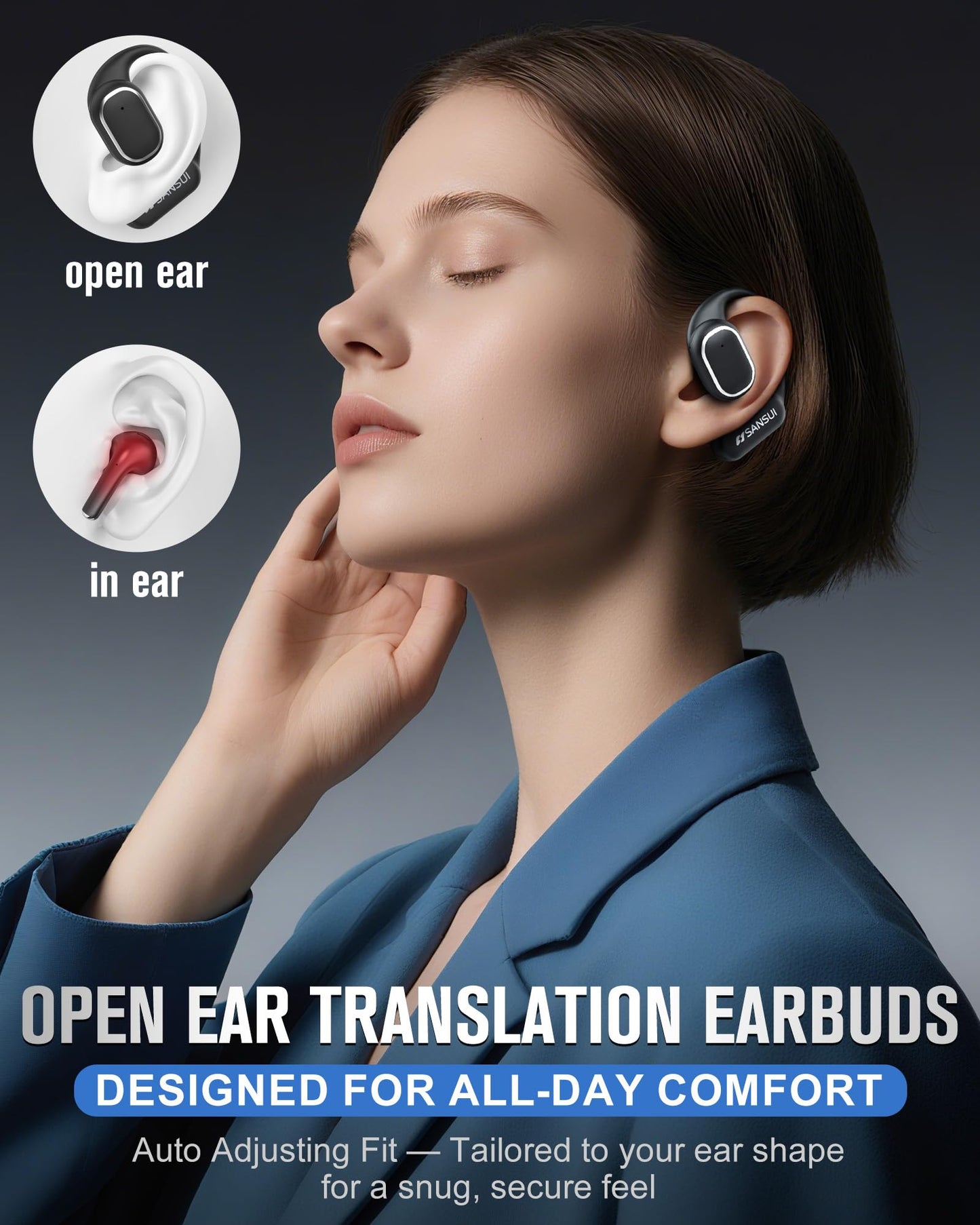 SANSUI W12 True Open Ear Earbuds, Lightweight Comfort Hang On Ear Wireless Headphones, 42H Play Bluetooth 6.0 Earphones with Bonus Real-Time AI