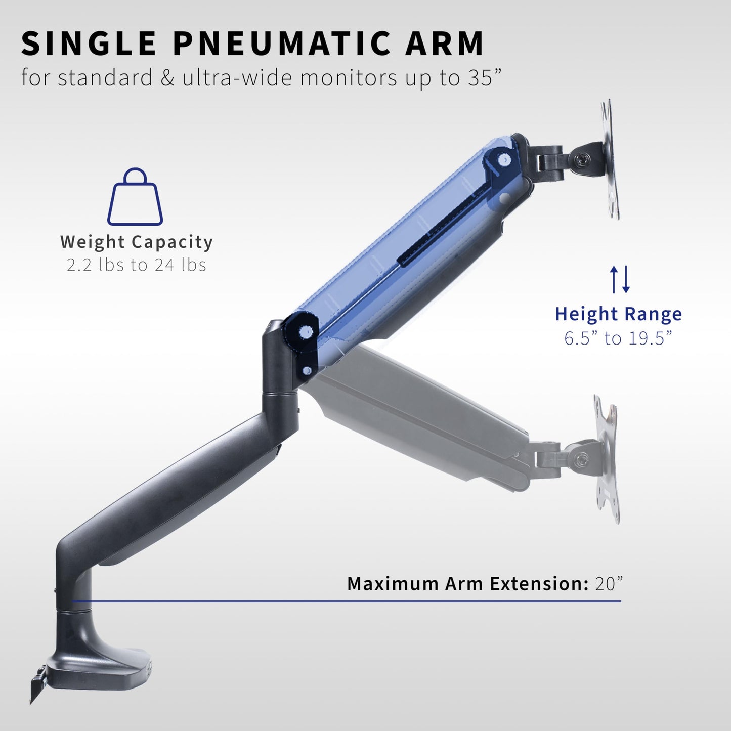 VIVO Premium Aluminum Heavy Duty Single Monitor Arm for Ultrawide Monitor up to 40 inches and 24 lbs, Desk Mount Stand, Pneumatic Height, Max VESA