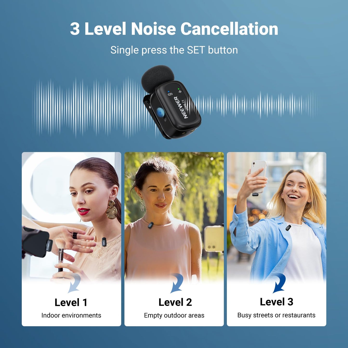 NEEWER KM19 Lightweight Wireless Lapel Microphone, 48kHz/24bit 30H Battery 3-Level Noise Cancelling Mute Stereo 100m Range Mini Lav Mic with App