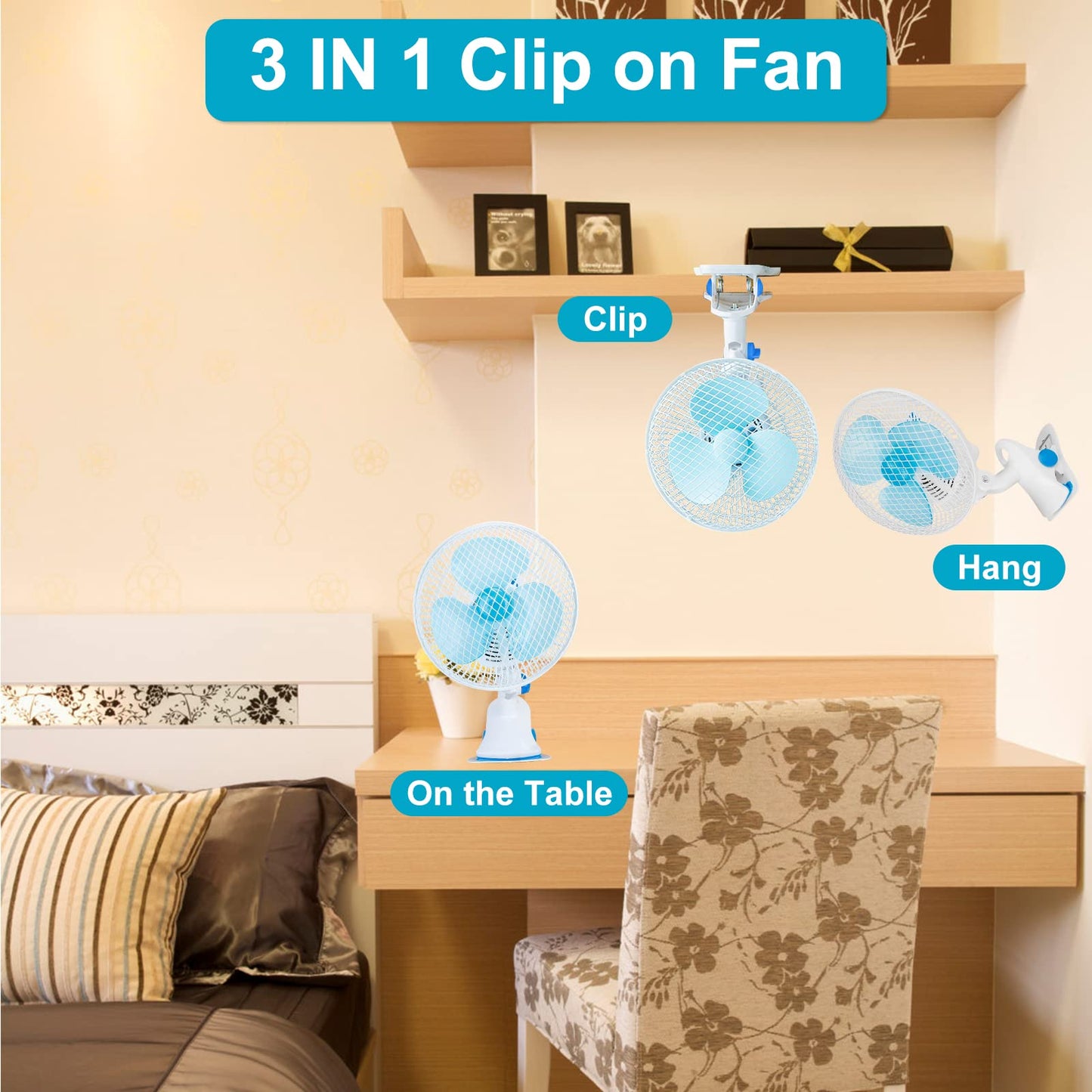 8-Inch Clip on Fan, 2 Speed Convertible Desk Fan with Strong Clamp, Tilting and Shaking with Strong Airflow, Quite, Powerful Clip Fa n on Bed and Desk