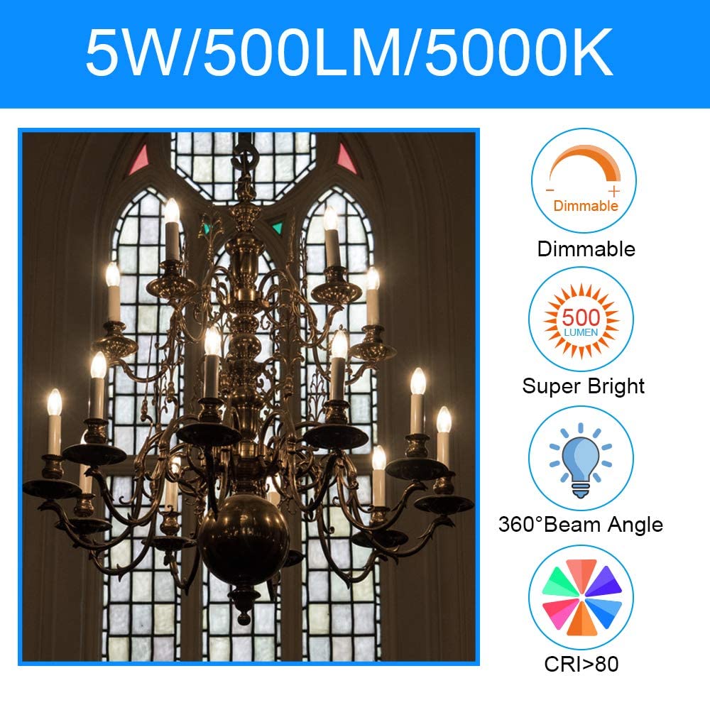 Energetic LED B10 E12 Candelabra Light Bulbs 60 Watt Equivalent, Dimmable LED Chandelier Light Bulbs, Daylight 5000K, 500 Lumen, 5W CRI 80+, UL