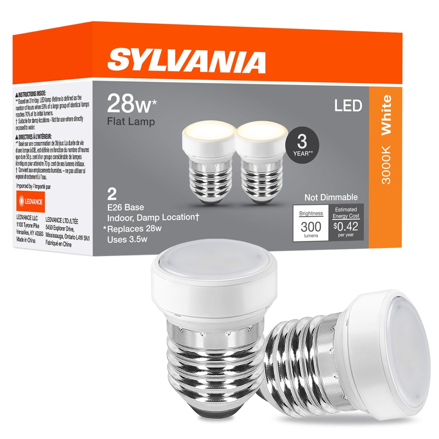 Sylvania Flat LED Light Bulb, 3.5W, E26 Medium Base, 300 Lumens, 3000K, Warm White, for Lamp Shades, Sylvania Lamps Shades, White - 2 Pack (42694)