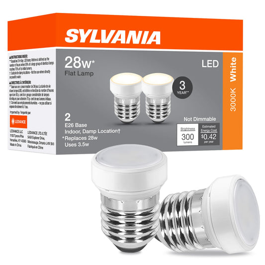 Sylvania Flat LED Light Bulb, 3.5W, E26 Medium Base, 300 Lumens, 3000K, Warm White, for Lamp Shades, Sylvania Lamps Shades, White - 2 Pack (42694)