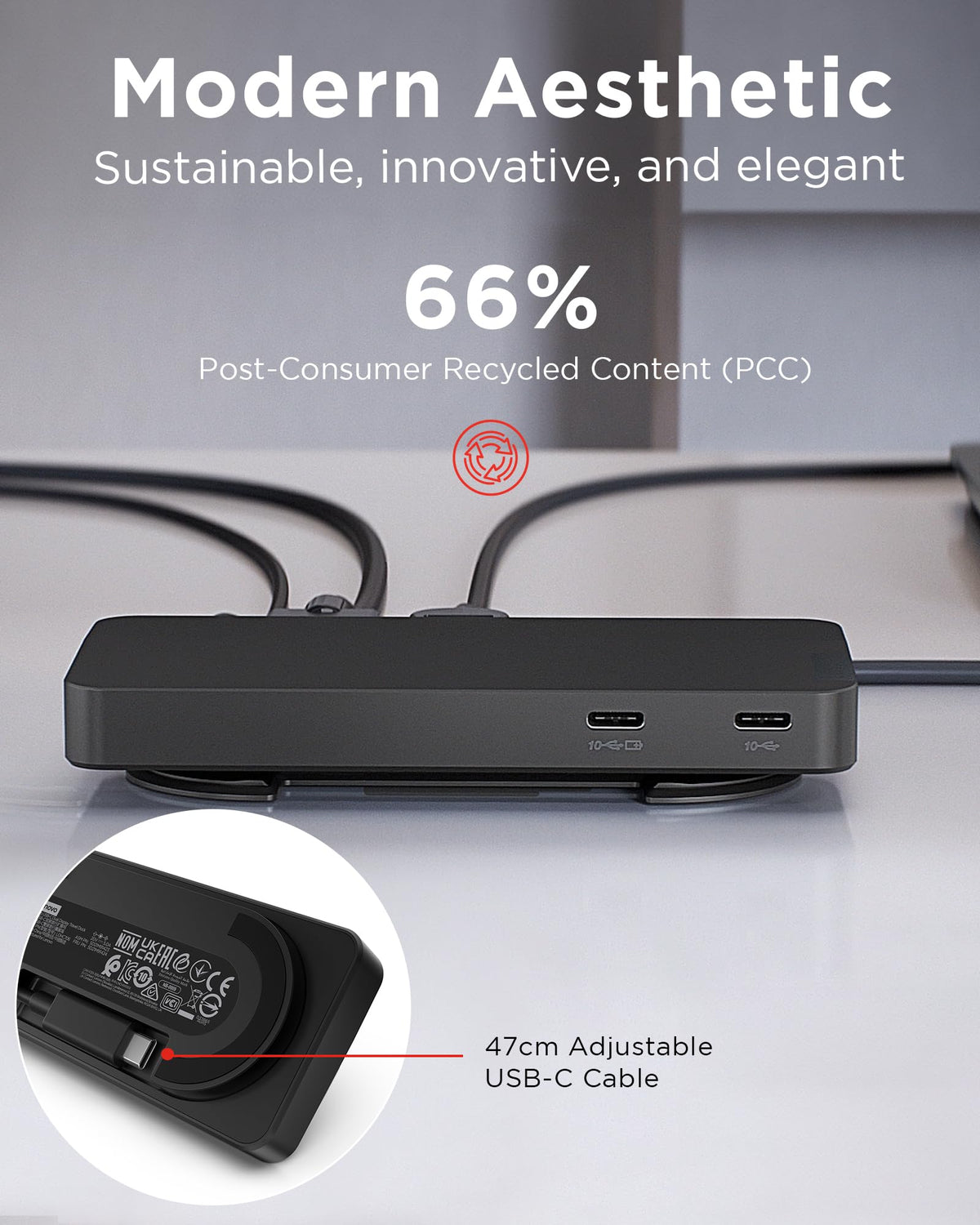 Lenovo USB-C Dual Display Travel Dock - 7 Ports, Integrated Cable, Universal Compatibility, Two displays at 4K - Black