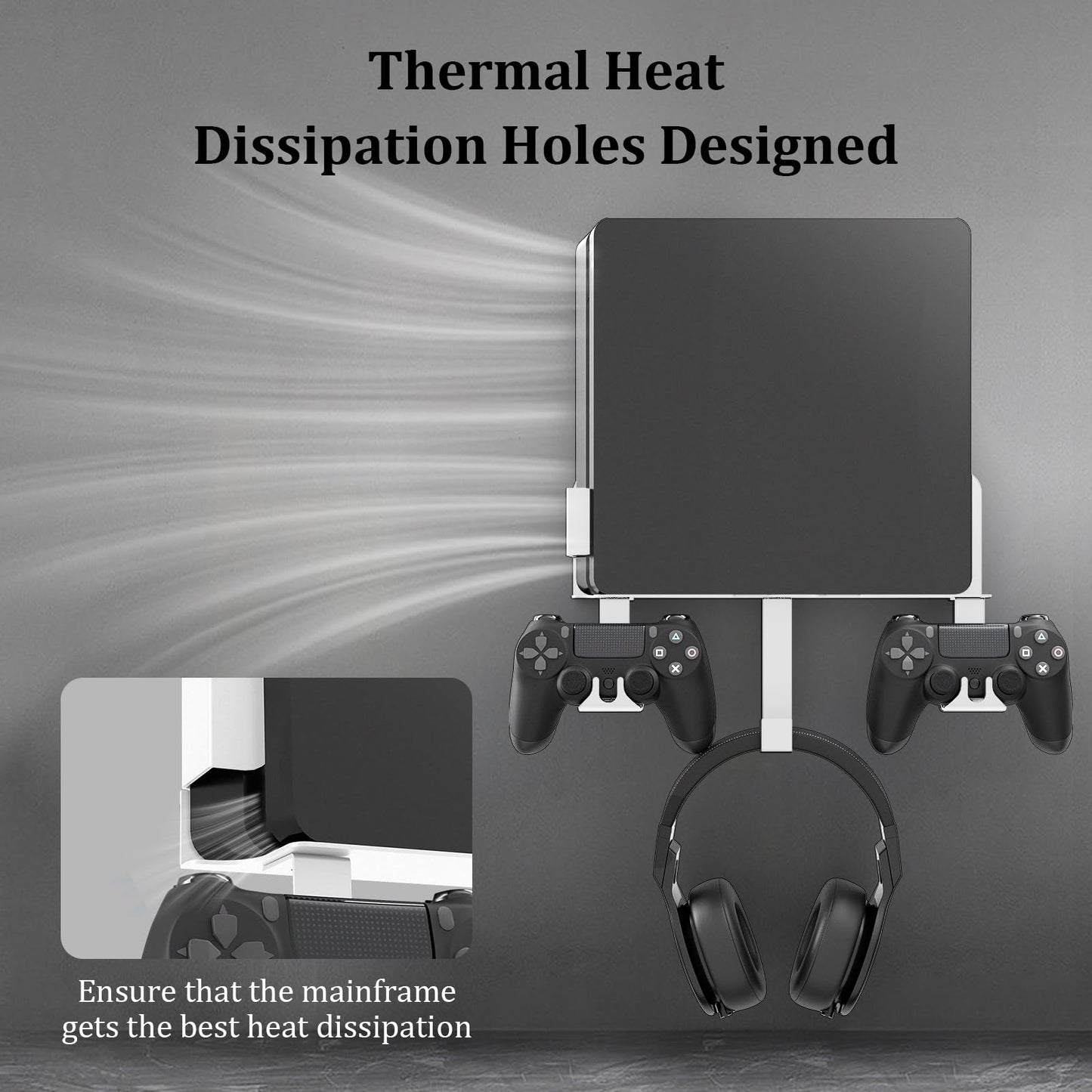 Wall Mount Kit with Detachable 2 Controller Holder & Headphone Hanger, Metal Wall Mount Stand Compatible with PlayStation 4 Slim