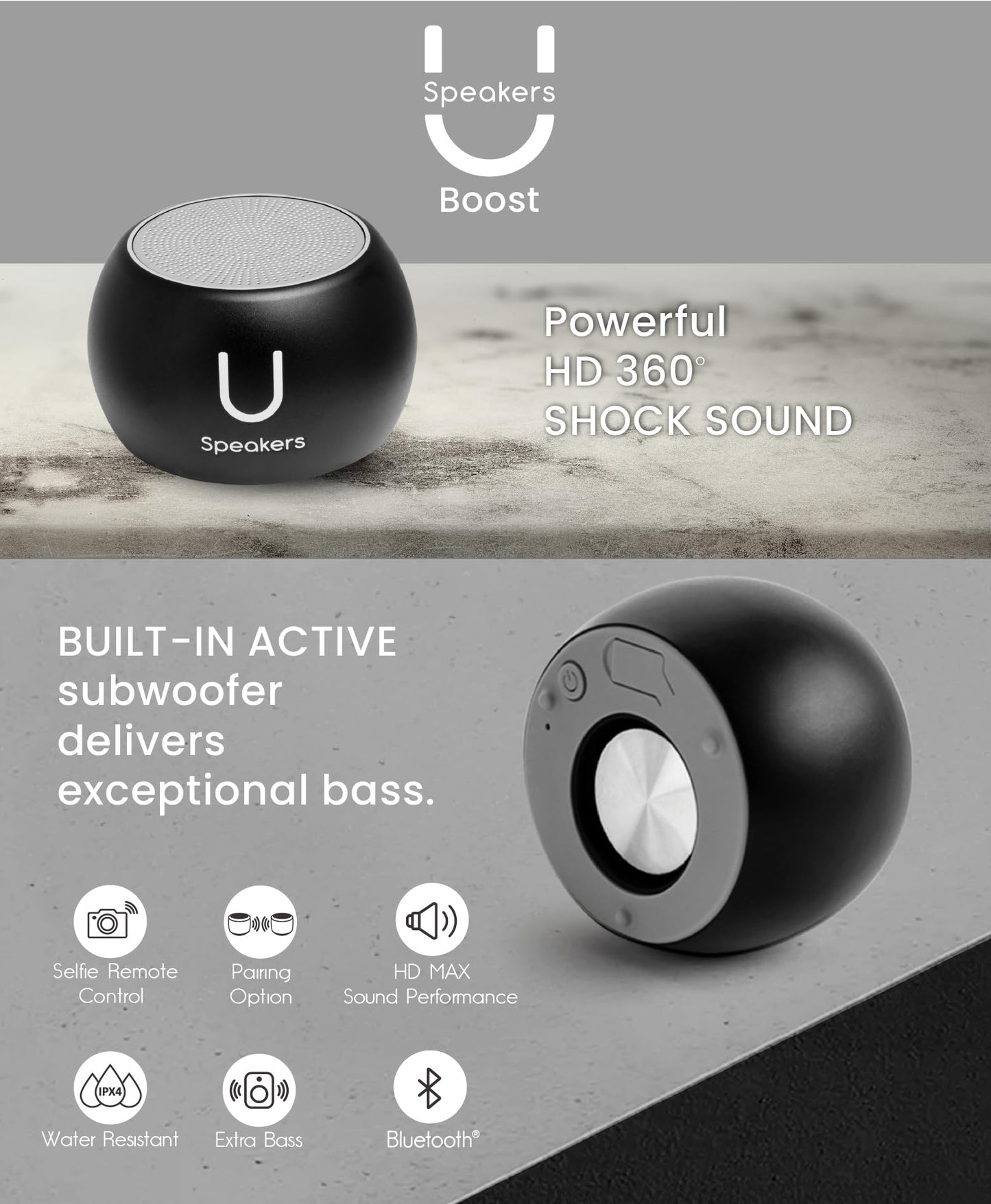 Fashionit U Boost - Portable Speaker Bluetooth Wireless - Subwoofer, Mic & Remote Shutter, Bluetooth Speakers, Rich Sound, Stocking Stuffers, White