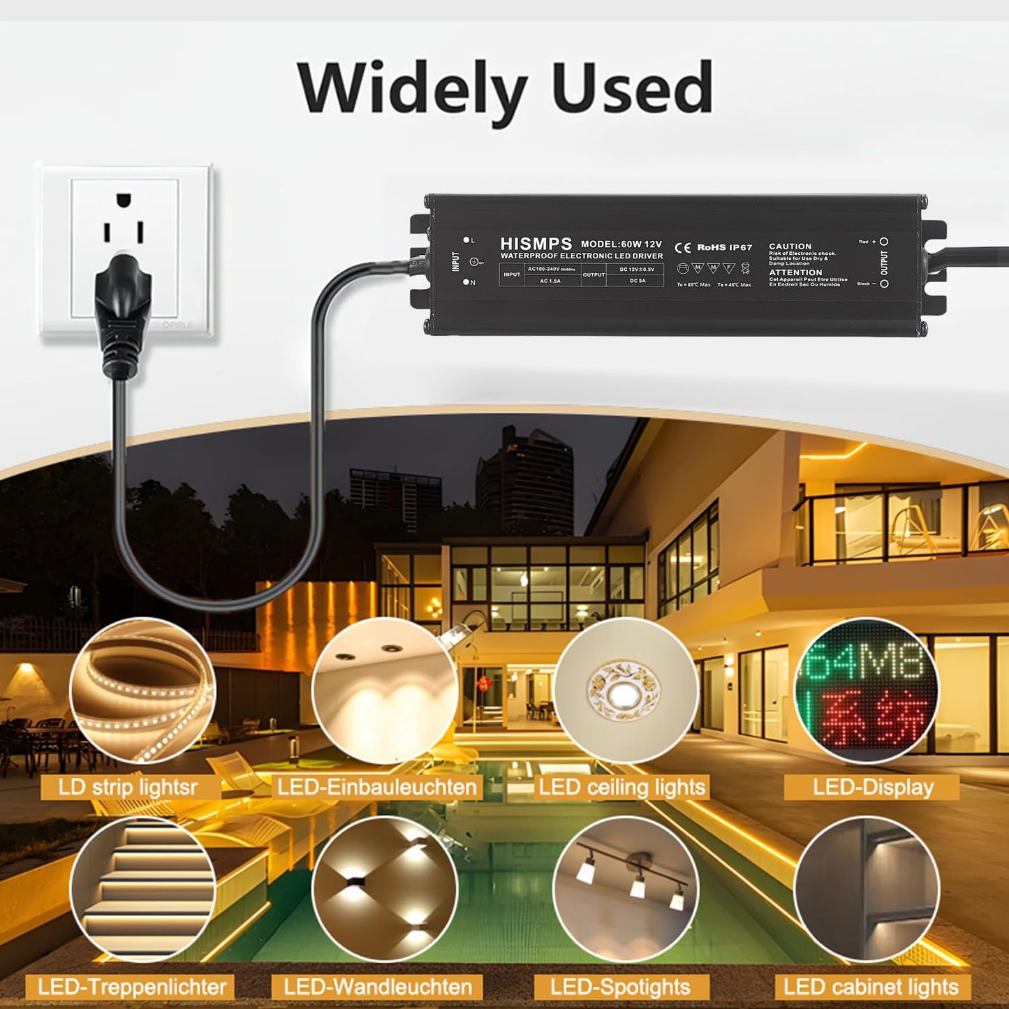 HISMPS 60W 12V Waterproof IP67 Power Supply 100V-240V AC to 12V 5A DC LED Constant Voltage Driver Converter Transformer Adapter with 3-Prong Plug 3.3
