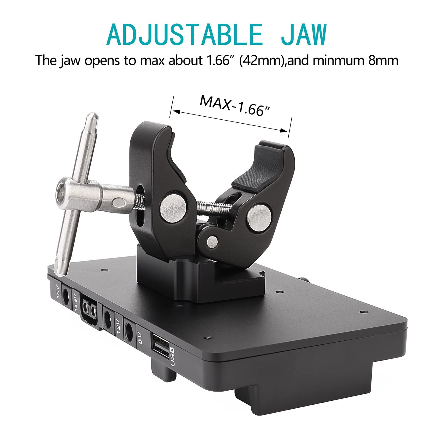 KOERTACOO V-Mount Lock Battery Plate Power Supply Adapter + Super Clamp for Lighting Stand,Tripod, Support Rod.with D-TAP/DC/USB Power Output