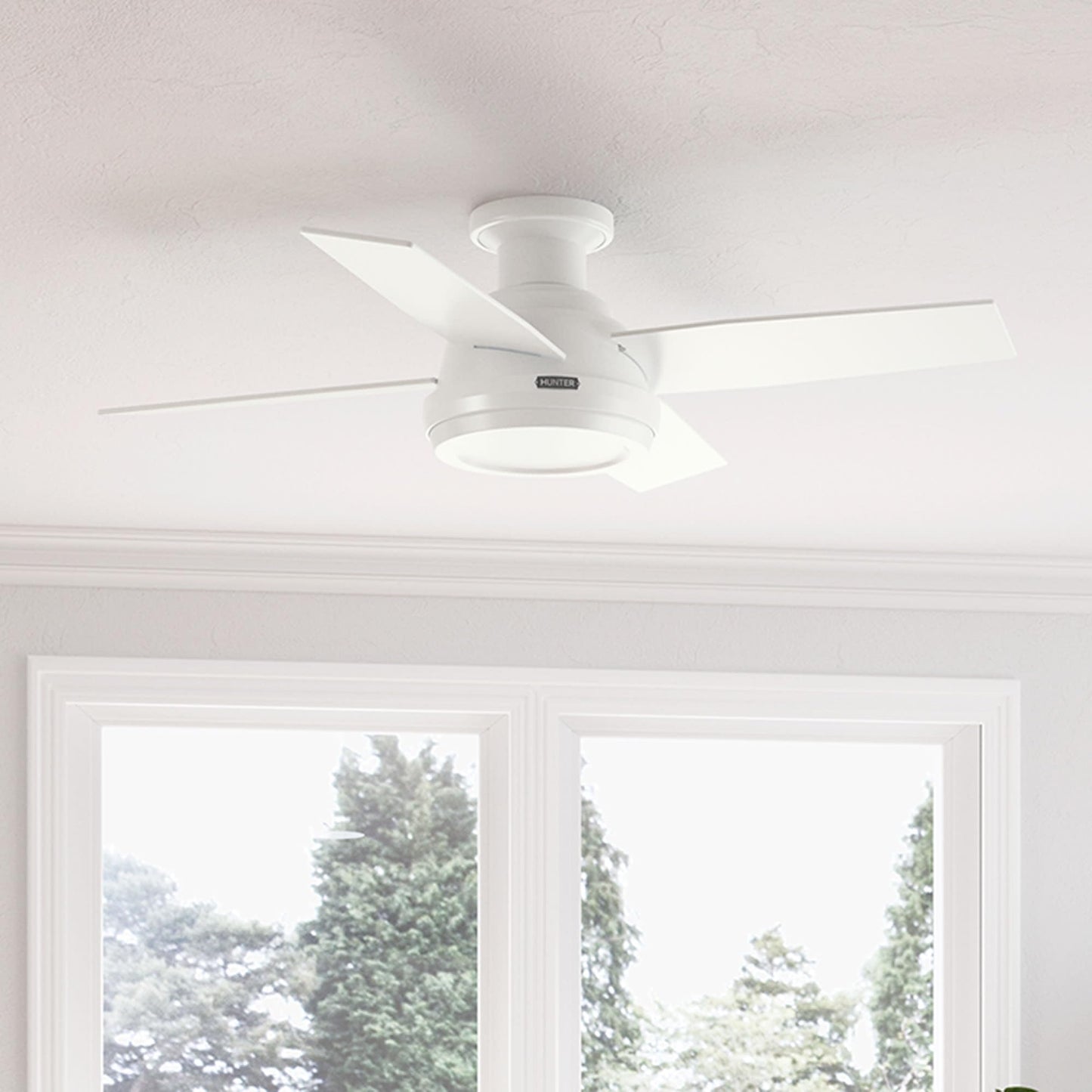 Hunter Dempsey 44 inch Indoor Low Profile Ceiling Fan and Remote Control, Fresh White Ceiling Fan, 3 Speed WhisperWind Motor, 59334, for Bedrooms
