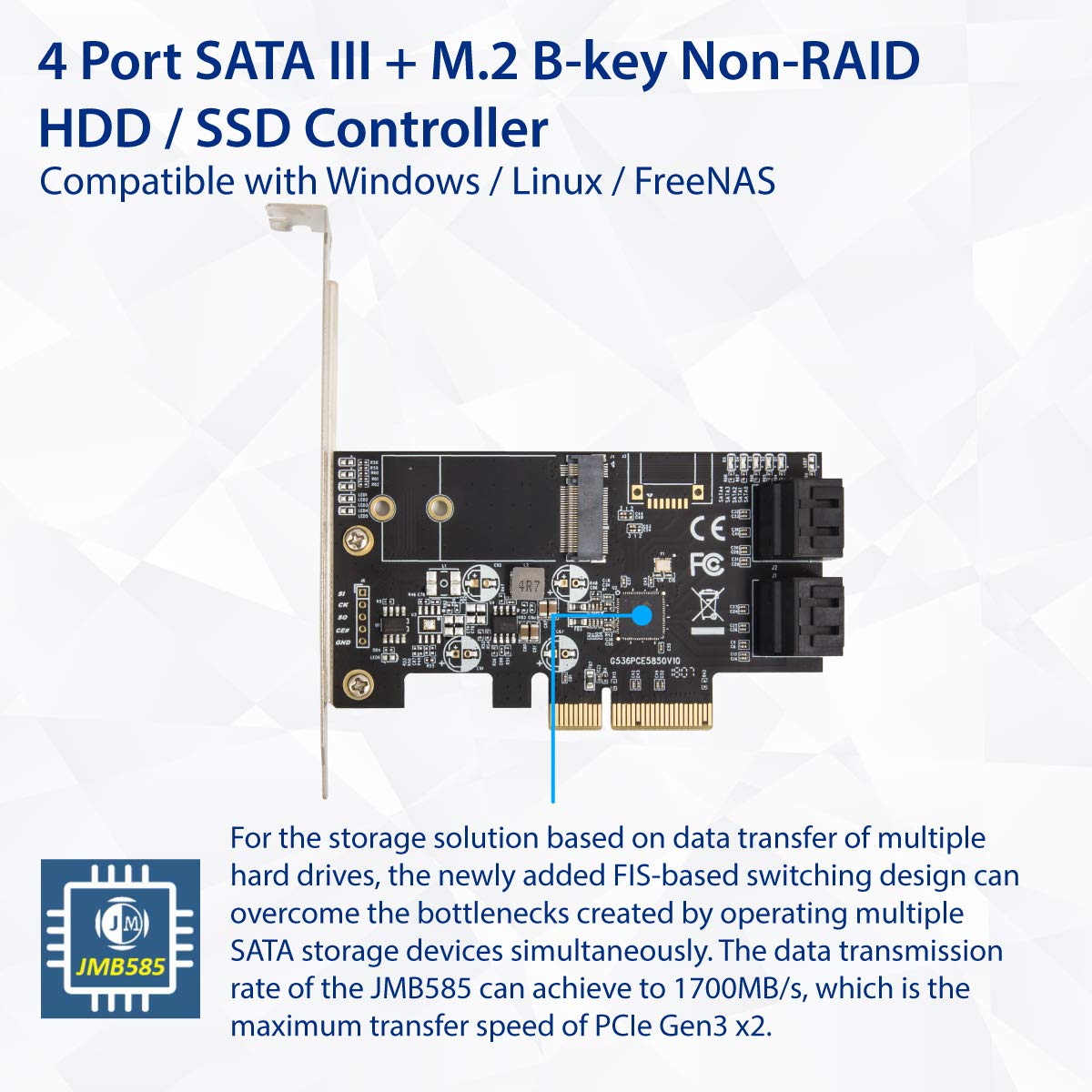 IO Crest SI-PEX40138 Internal 4 Port Non-Raid SATA III 6GB/S with M.2 B-Key 22x42 Pci-E X4 Controller Card for Desktop PC Support SSD and HDD with Low