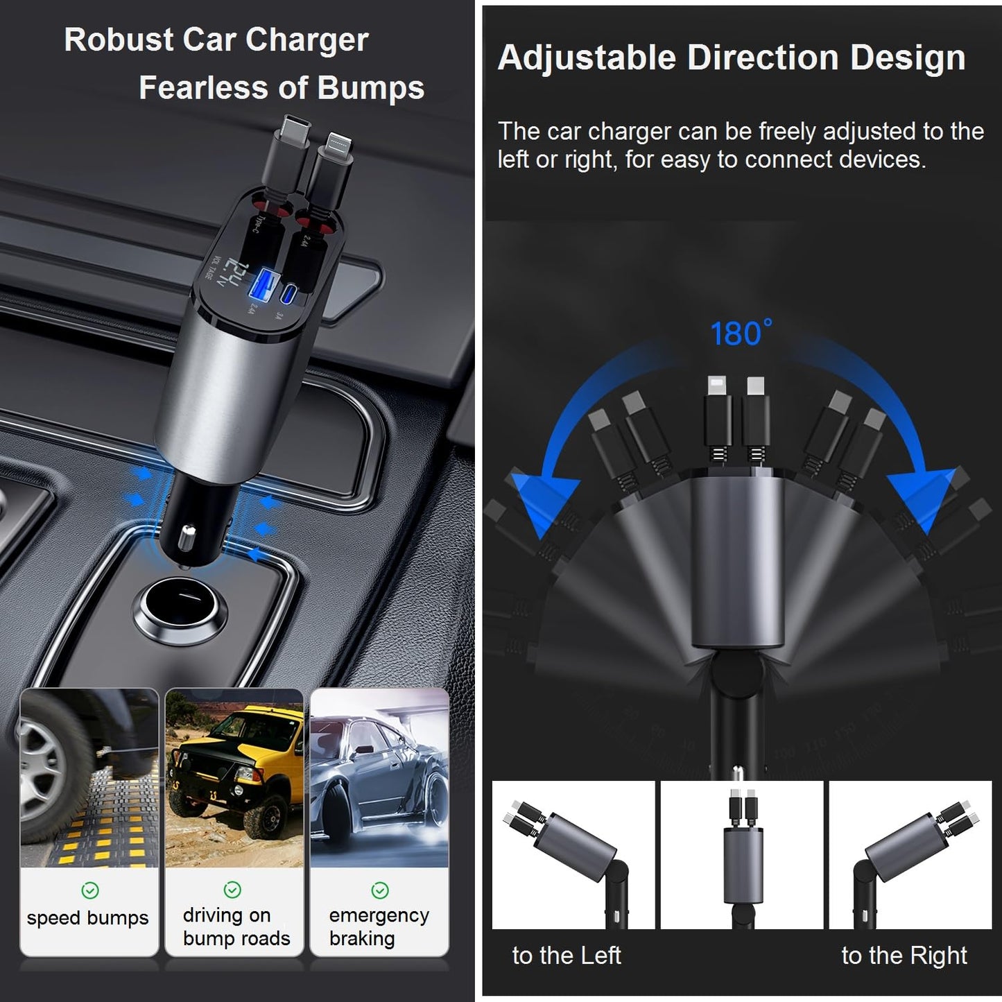 Retractable Car Charger Fast Charging - 66W 4-in-1 USB C Car Phone Charger Cigarette Lighter Adapter Car Charger Compatible with iPhone 15 14 13 12