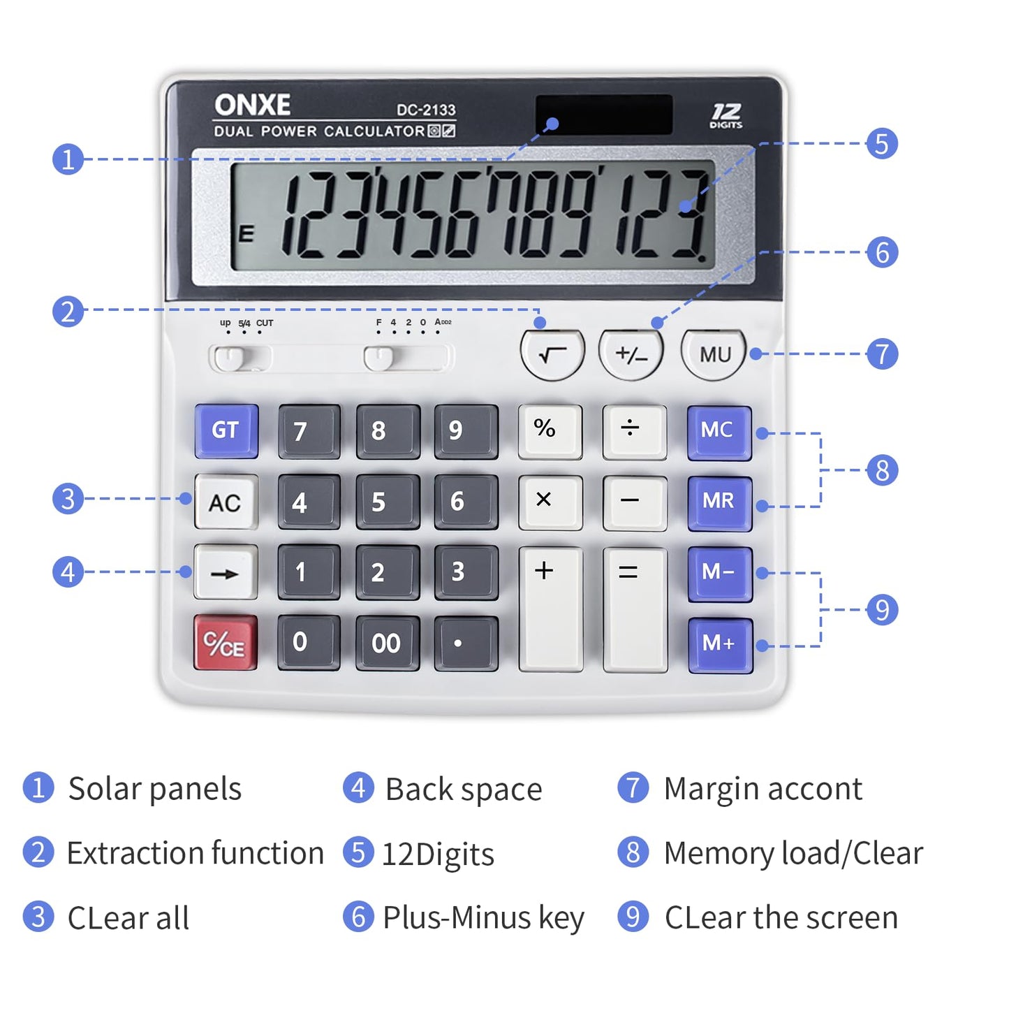 ONXE 12 Digit Desk Calculator,Calculators Desktop with Extra Large 4.9" LCD Display & Big Buttons, Solar & Battery Dual Power, Standard Basic 4