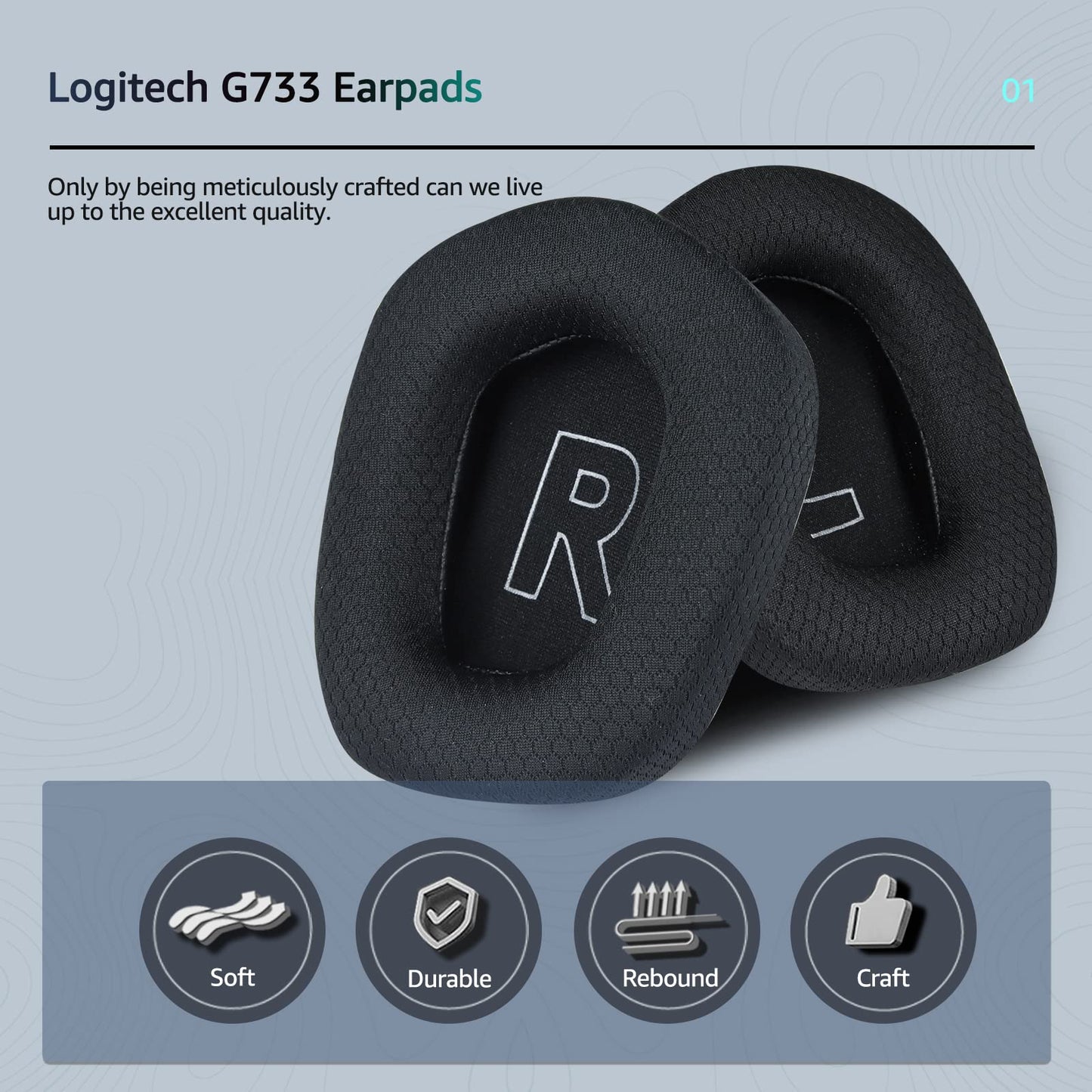 Wzsipod Fabric Replacement Ear Pads for Logitech G733 Gaming Headset, Also Fit Logitech G335 Wireless Headphone, EarPads Accessories with Soft Mesh