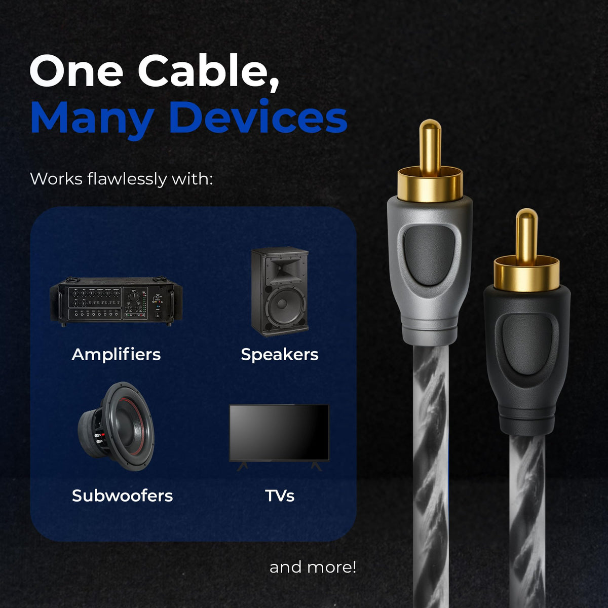 DEEJAYLED 3-Ft RCA Cable - RCA Male to RCA Male Audio Cable, EMI Protection, Flexible Soft Touch Construction, Suitable for Car Audio, Turntables, Amplifiers, Receivers, Cd Players, and Subwoofers