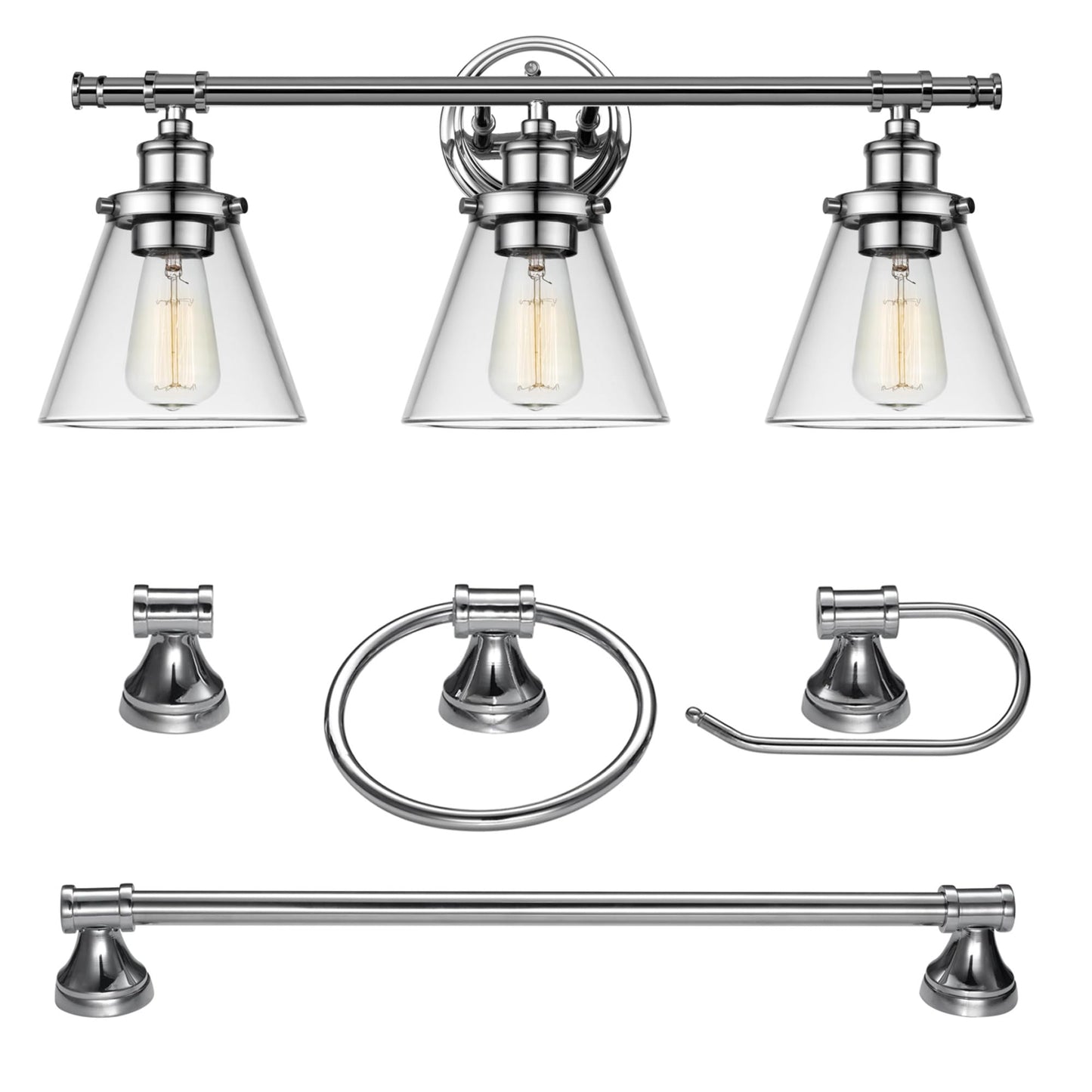 Globe Electric 51234 5-Piece All-in-One Bathroom Set, Chrome, 23" 3-Light Vanity Wall Light with Clear Glass Shades, Towel Bar and Ring, Robe Hook