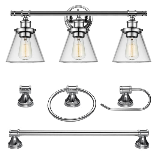 Globe Electric 51234 5-Piece All-in-One Bathroom Set, Chrome, 23" 3-Light Vanity Wall Light with Clear Glass Shades, Towel Bar and Ring, Robe Hook