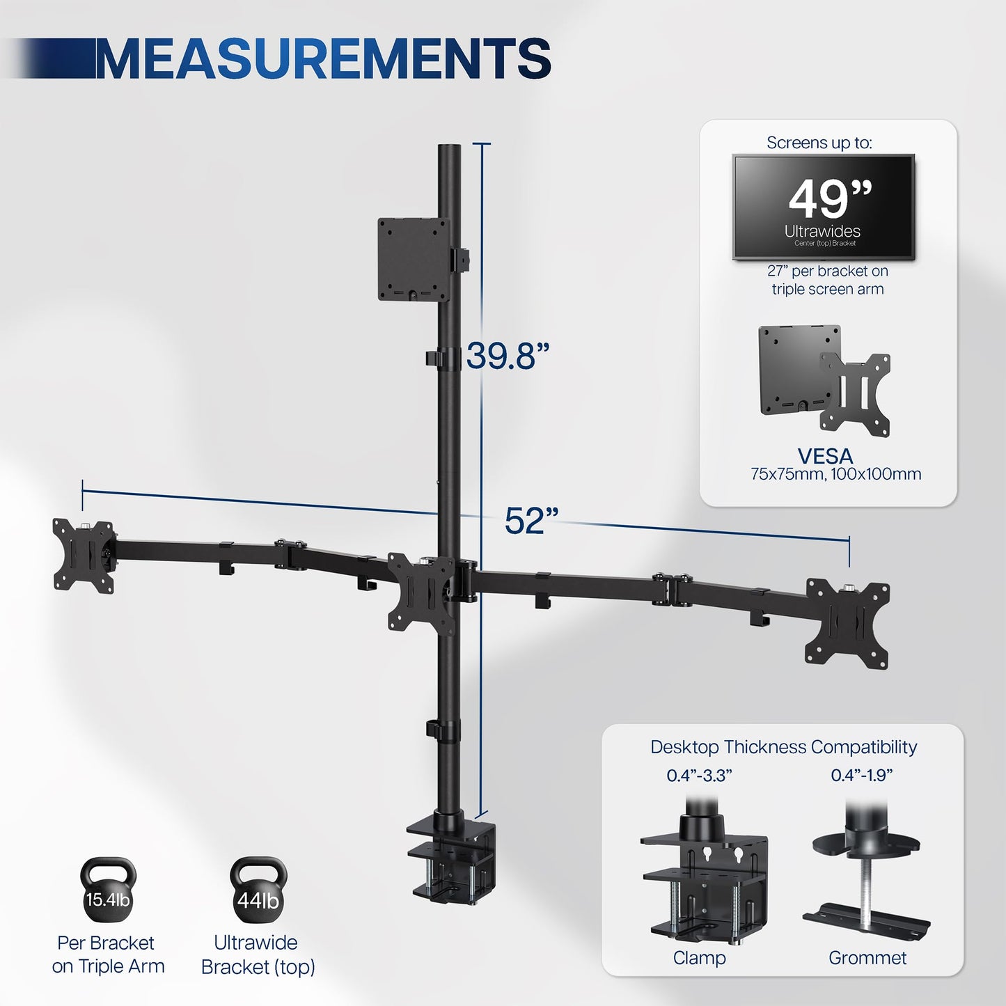 VIVO Quad Monitor Extra Tall Desk Mount for up to 49 inch Ultrawides on Top Bracket and 27 inch Screens on Lower Brackets, Holds up to 44 lbs, Black