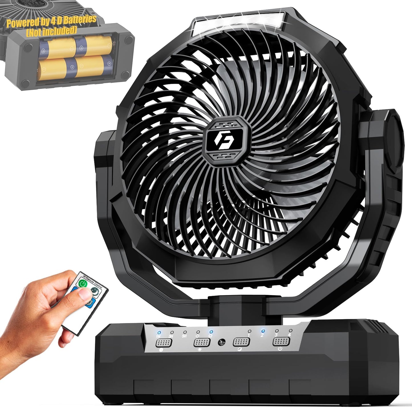 Wavmill Battery Operated Fan [200H Max], 2 IN 1 D-Cell Battery & USB Powered Fans, Portable Camping Fan with 4 Speeds, Light, Timer, Remote