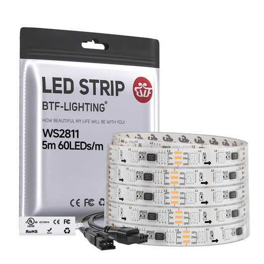 BTF-LIGHTING WS2811 IC=RGB+IC Addressable Color RGB LED Strip,16.4FT 60LED/m 20Pixels/m,IP67 White PCB,UL Listed,Flexible DC12V Chasing Effect