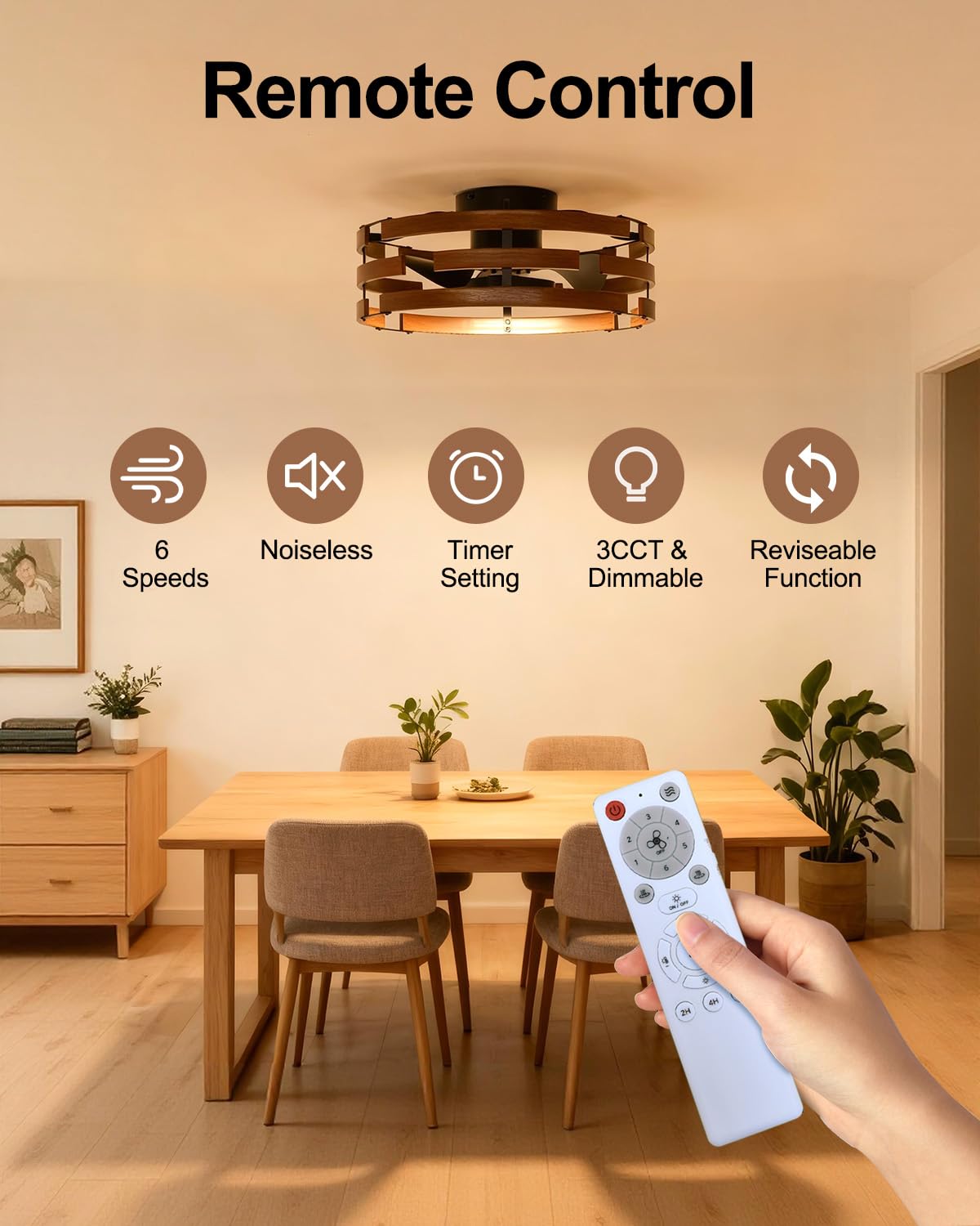 Roomratv 20'' Caged Ceiling Fan with Light, Flush Mount Fandelier, Remote