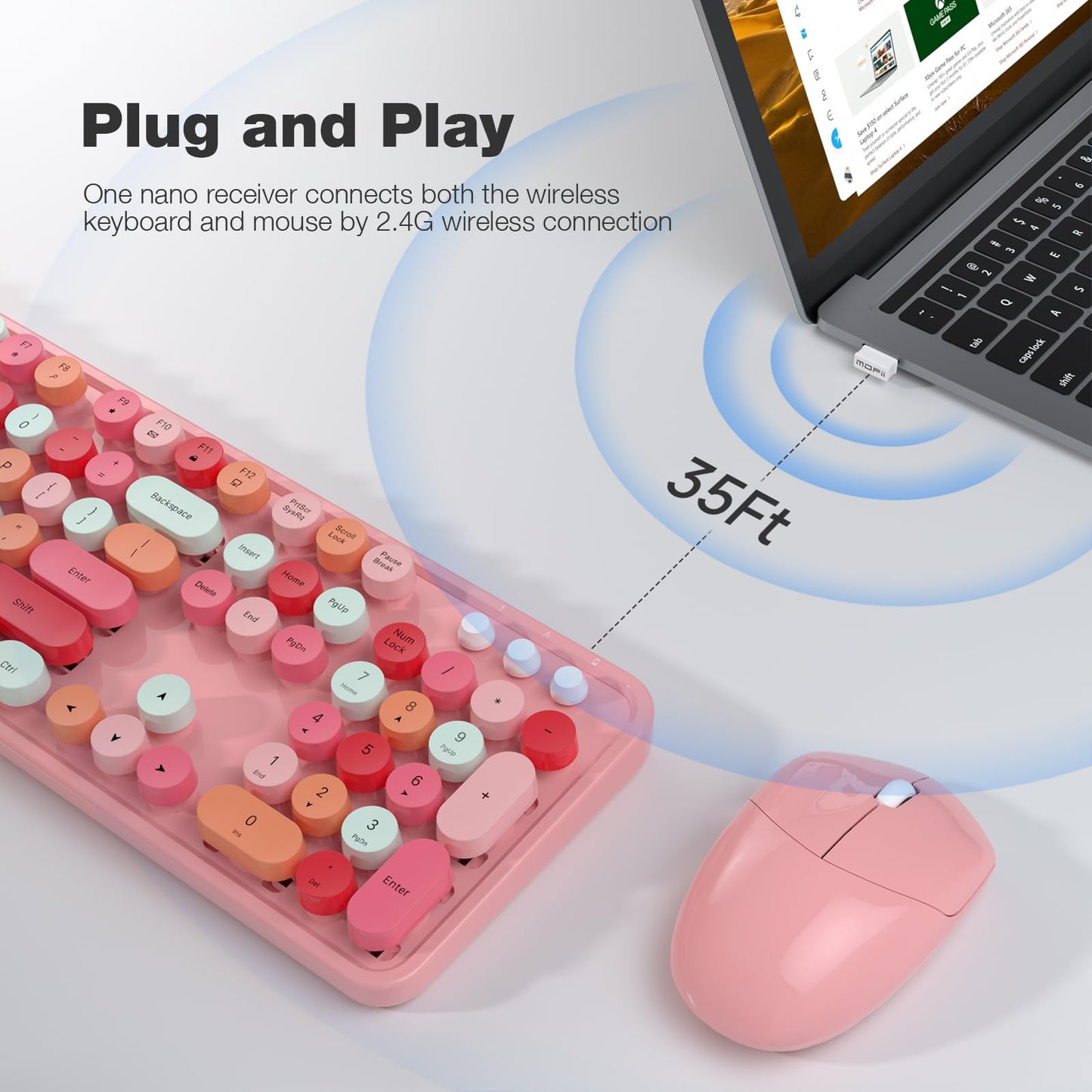 MOFII Wireless Keyboard and Mouse Combo, Pink Wireless Keyboard, 2.4GHz Retro Full Size with Number Pad & Cute Mouse for Computer PC Laptop Windows