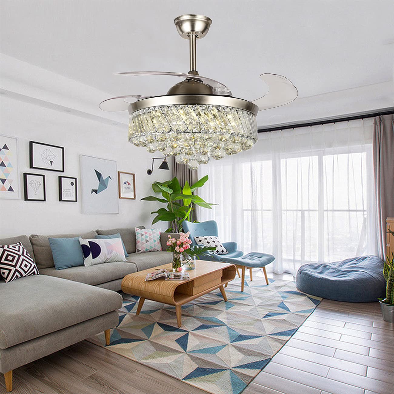 42" Fandelier Crystal Ceiling Fan Lights with Remote, Modern Invisible Hidden Retractable Ceiling Fans with Lights 3-Color Dimming Chandelier Lighting