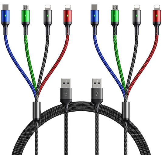 Multi Charging Cable 4A,5Ft/ 2Pack 4 in 1 Charger Cable,Braided Multiple USB Cable Universal USB C Charging Cord with Lightning/Type C/Micro USB Port