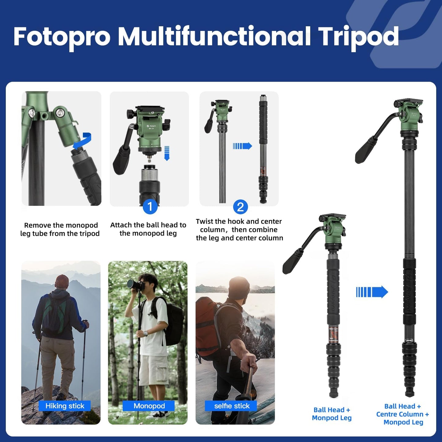 Fotopro 59" Carbon Fiber Travel Tripod with Fluid Head Detachable Monopod with Quick Release Plate and Bag Camera Tripod Load up to 8KG/17.63lbs X-go
