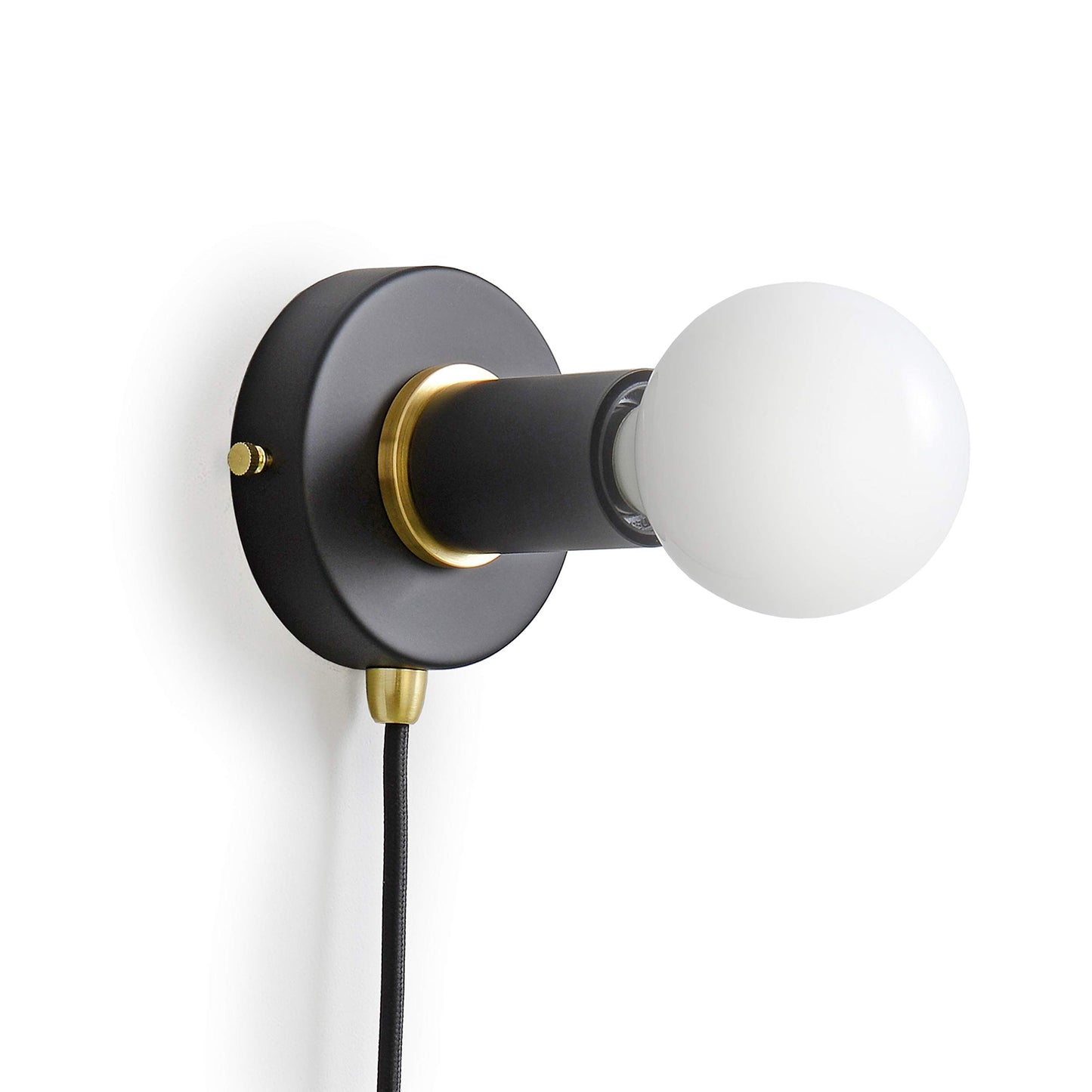 BRIGHTTIA Matte Black Plug-in Simple Ring Wall Sconce Light - Brushed Brass Color Accents - Modern Minimalist Lighting - Mid Century Industrial