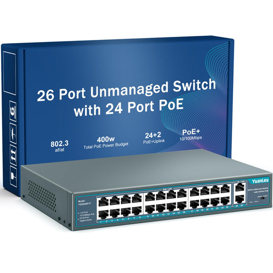 Yuanley 24 Port PoE Switch with 2 Gigabit Ethernet Uplink Port, Unmanaged 26 Port 802.3af/at 400W Power PoE+ Network Switch, Rackmount Plug and Play