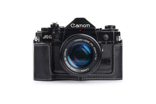 A-1 Case, BolinUS Handmade Genuine Real Leather Half Camera Case Bag Cover for Canon New AE-1 AE-1P A-1 (with Handle) Camera with Hand Strap (Black)