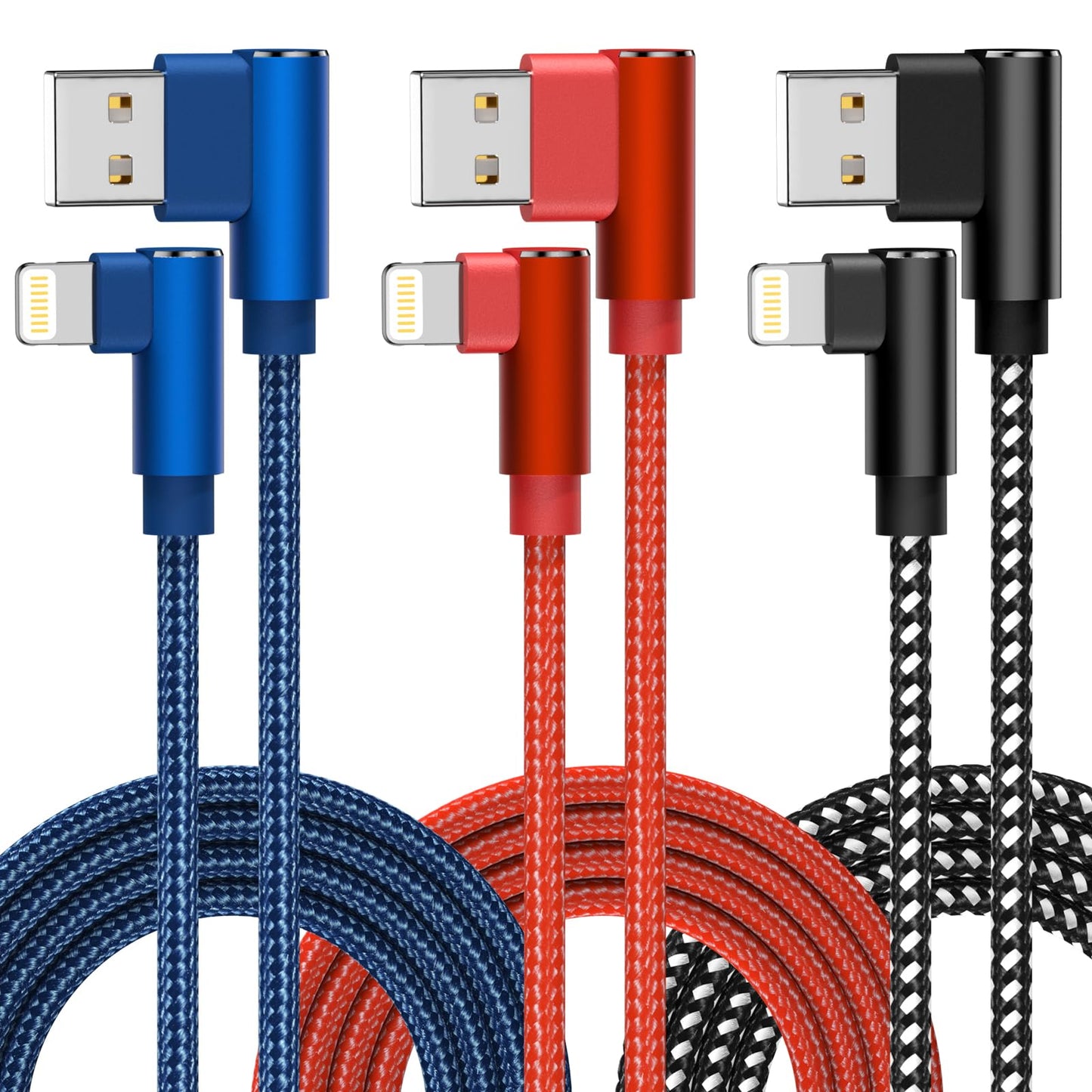 iPhone Charger 10ft 3 Pack Apple MFi Certified Lightning Cable 90 Degree Fast Charging Cord, Nylon Braided USB Charging Cable Compatible with iPhone…