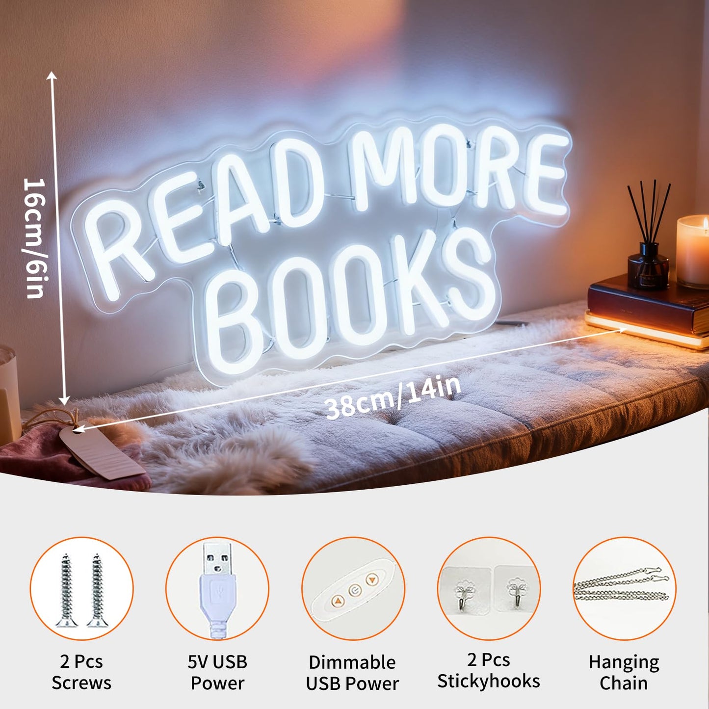Read More Books Neon Sign, USB Powered Decorative Neon Light for Book Lover Gift Teens Bedroom Library Bookstore Reading Nook Wall Table Decor 15 x