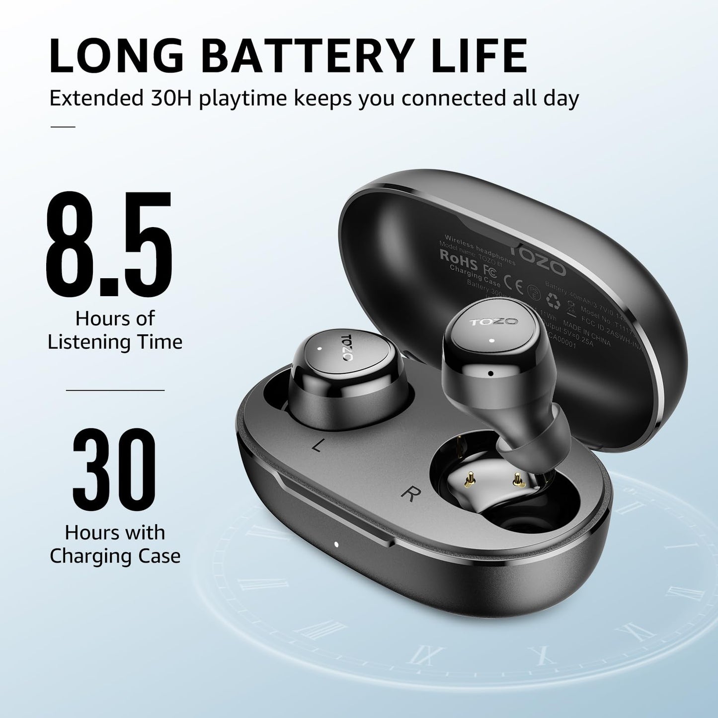TOZO Wireless Earbuds Build in Mic Clear Calls Ergonomic Light Weight Bluetooth 5.3 in Ear Headphones Waterproof Premium Stereo Sound Ear Buds 30H