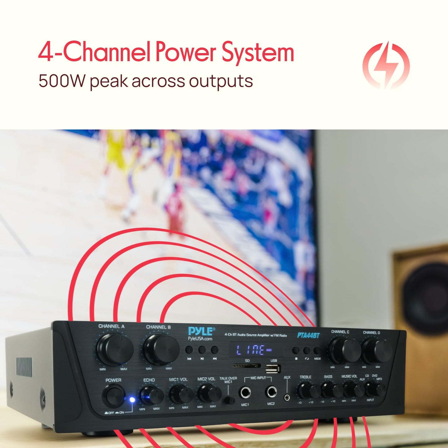 Pyle 4-Channel Audio Amplifier with Bluetooth - Home Stereo Receiver w/ 500W Max Power - Commercial or Karaoke - Dual Mic Input with Echo, Vol