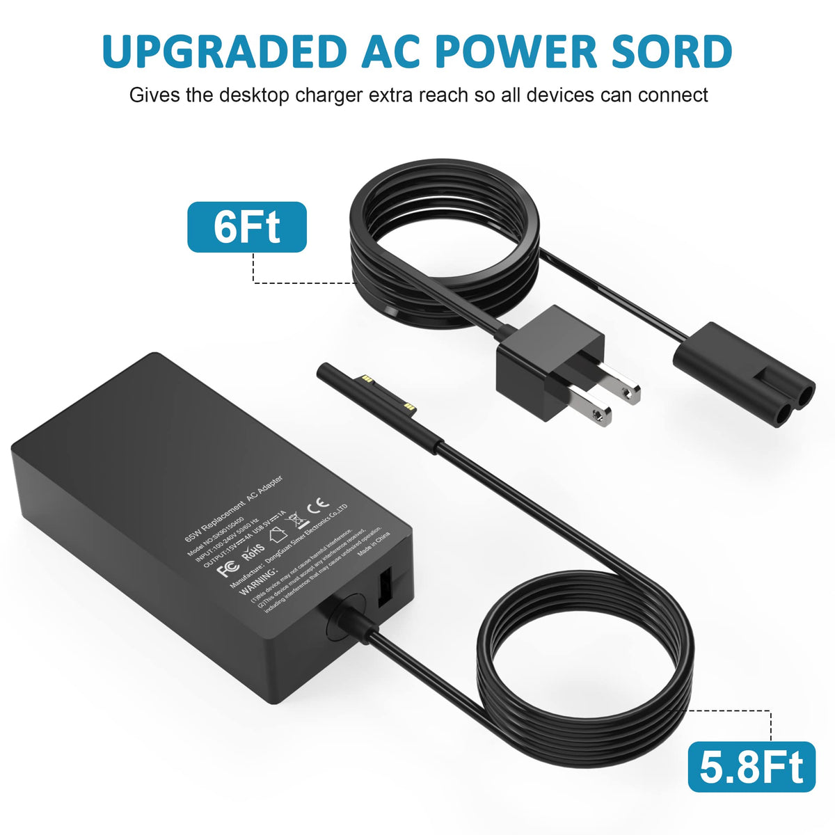 65W Charger Compatible with Microsoft Surface Pro 11, 10, 9, 8, 7+, 7, 6, 5, 4, 3, X, Surface Laptop 7/6/5/4/3/2/1, Surface Go 4/3/2/1, Surface Book