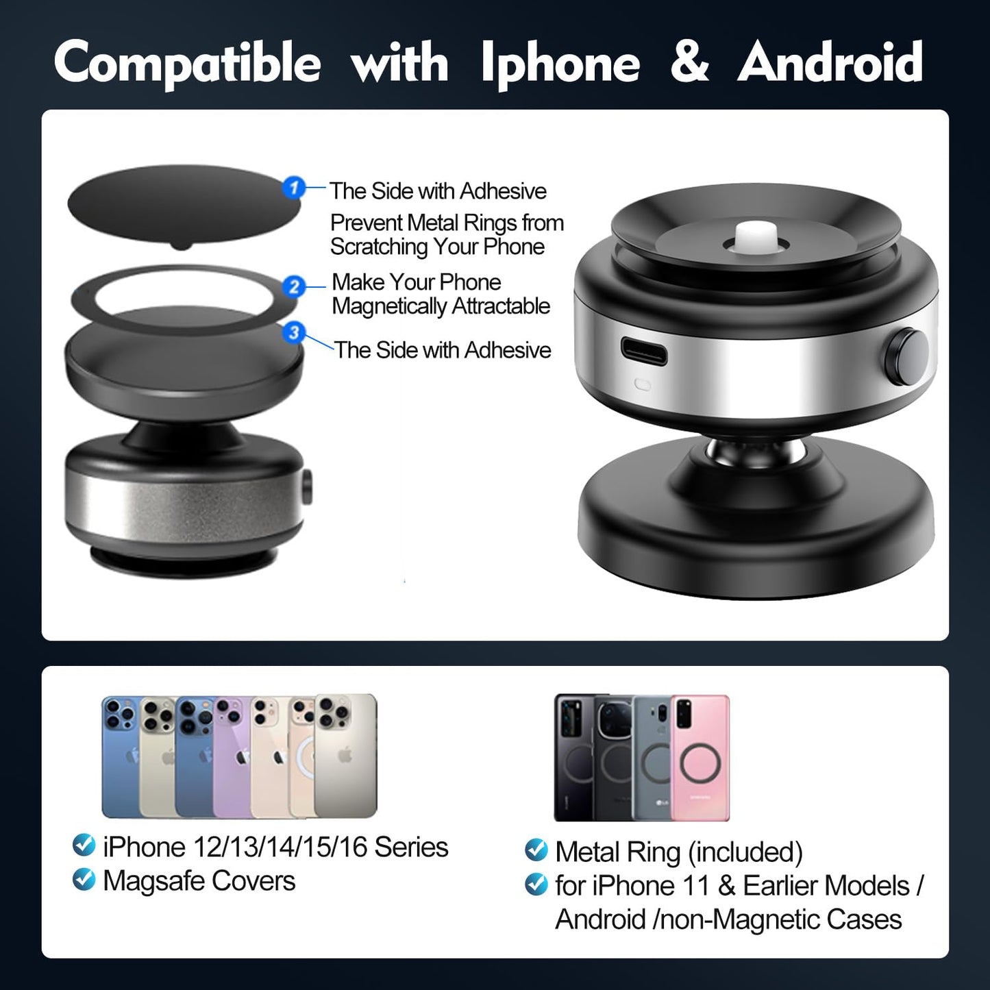 Lecroooi Suction Cup Phone Mount,Magnetic Phone Holder for Car,360°Adjustable Vacuum Suction Phone Mount, Foldable Portable Phone Holder for Car
