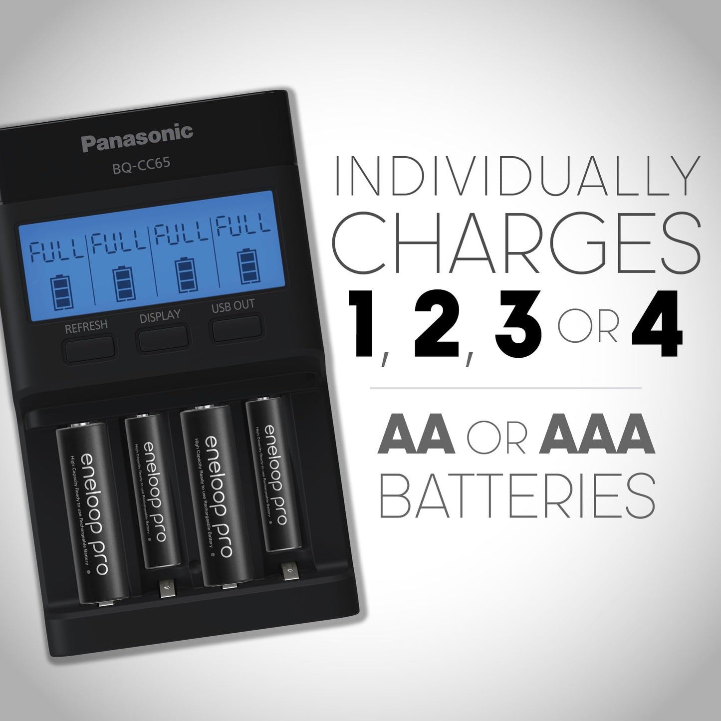 Panasonic K-KJ65KHA4BA Super Advanced 4-Position Quick Charger with LCD Indicator Panel, USB Charging Port and 4AA eneloop pro Rechargeable…